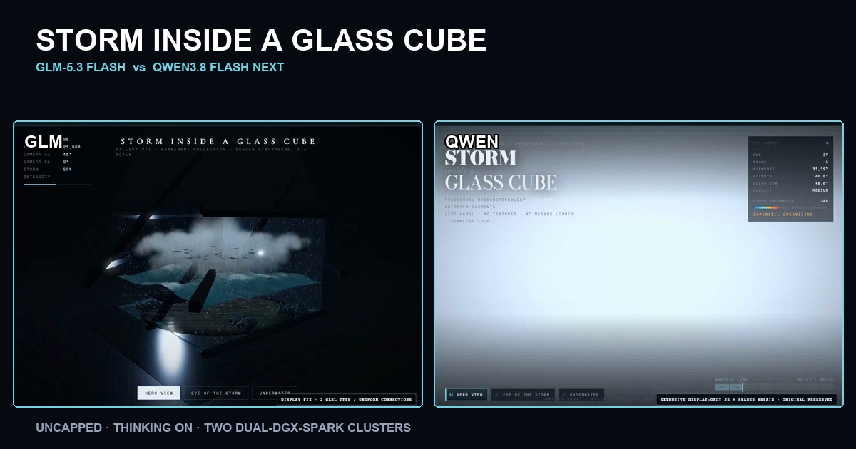 GLM and Qwen storm inside a glass cube comparison
