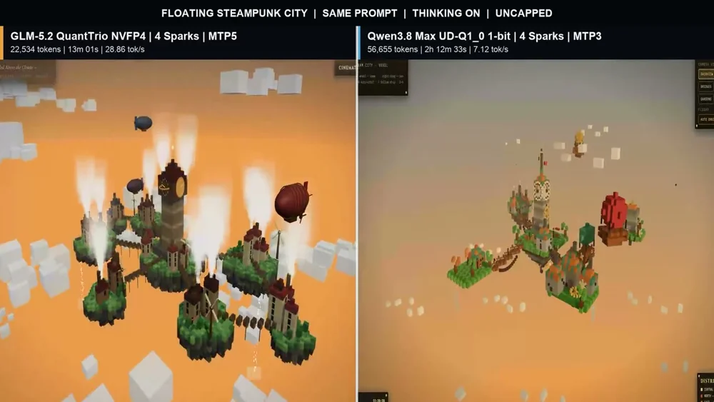 GLM-generated floating voxel city with a clock tower and airships