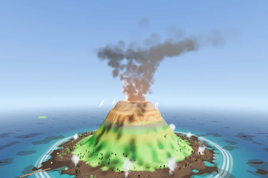 TensorFold EXL3 volcano eruption with a billowing plume over a tropical island