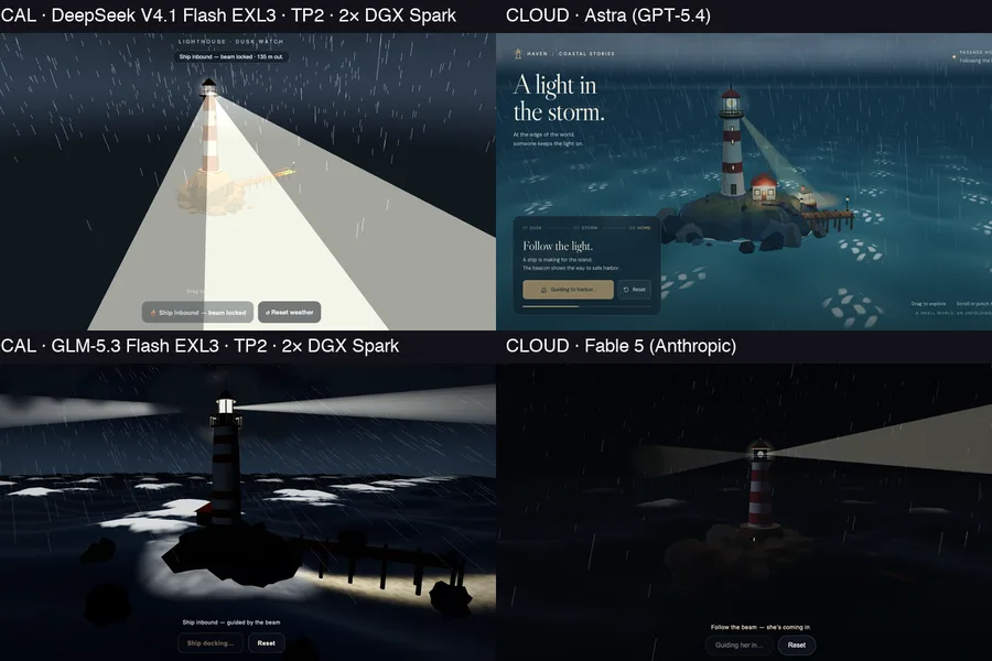 Four-panel lighthouse storm comparison: DeepSeek, Astra, GLM, Fable