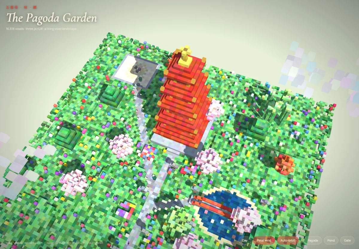 Qwen-generated red voxel pagoda surrounded by green gardens, a koi pond and cherry blossoms