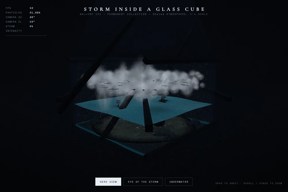 GLM-generated storm installation inside a glass cube