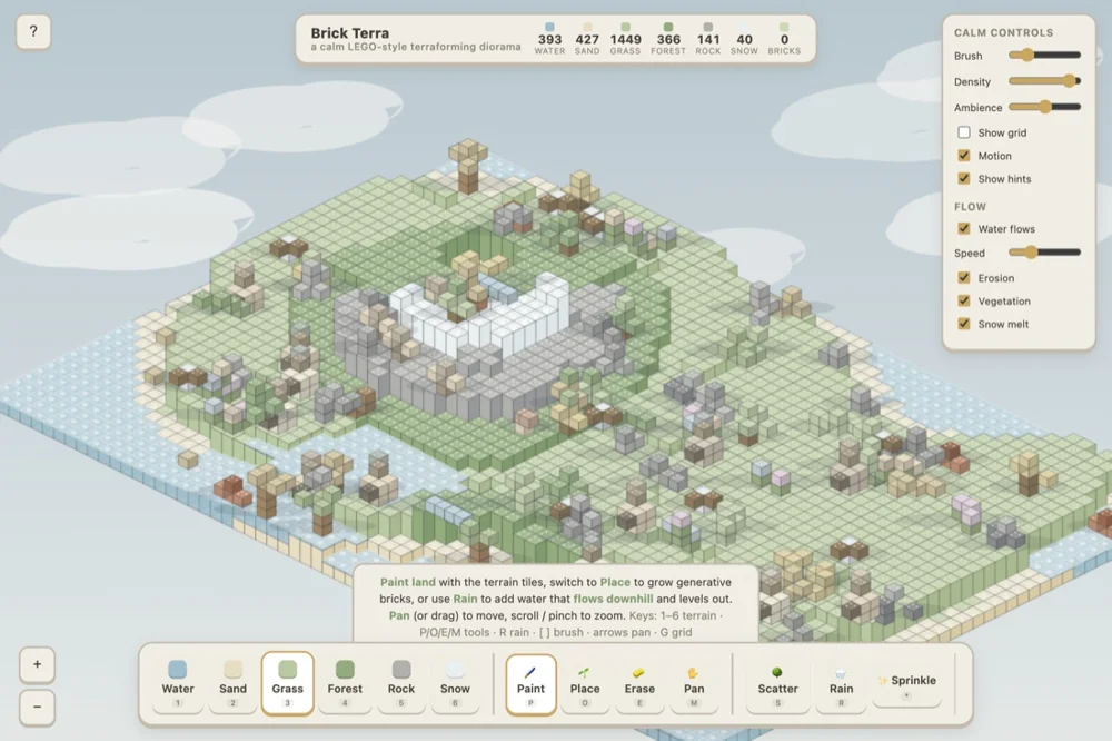 Brick Terra voxel terrain editor with water and vegetation