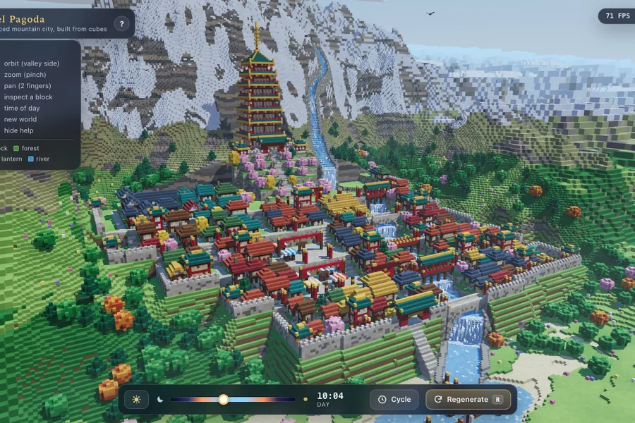 Claude Sonnet 5.5 voxel pagoda on a terraced mountain city with a waterfall